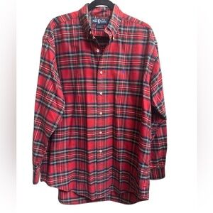 RALPH LAUREN BLUE LABEL Big Shirt Men’s MED Red Green Tartan Plaid Holiday EUC
